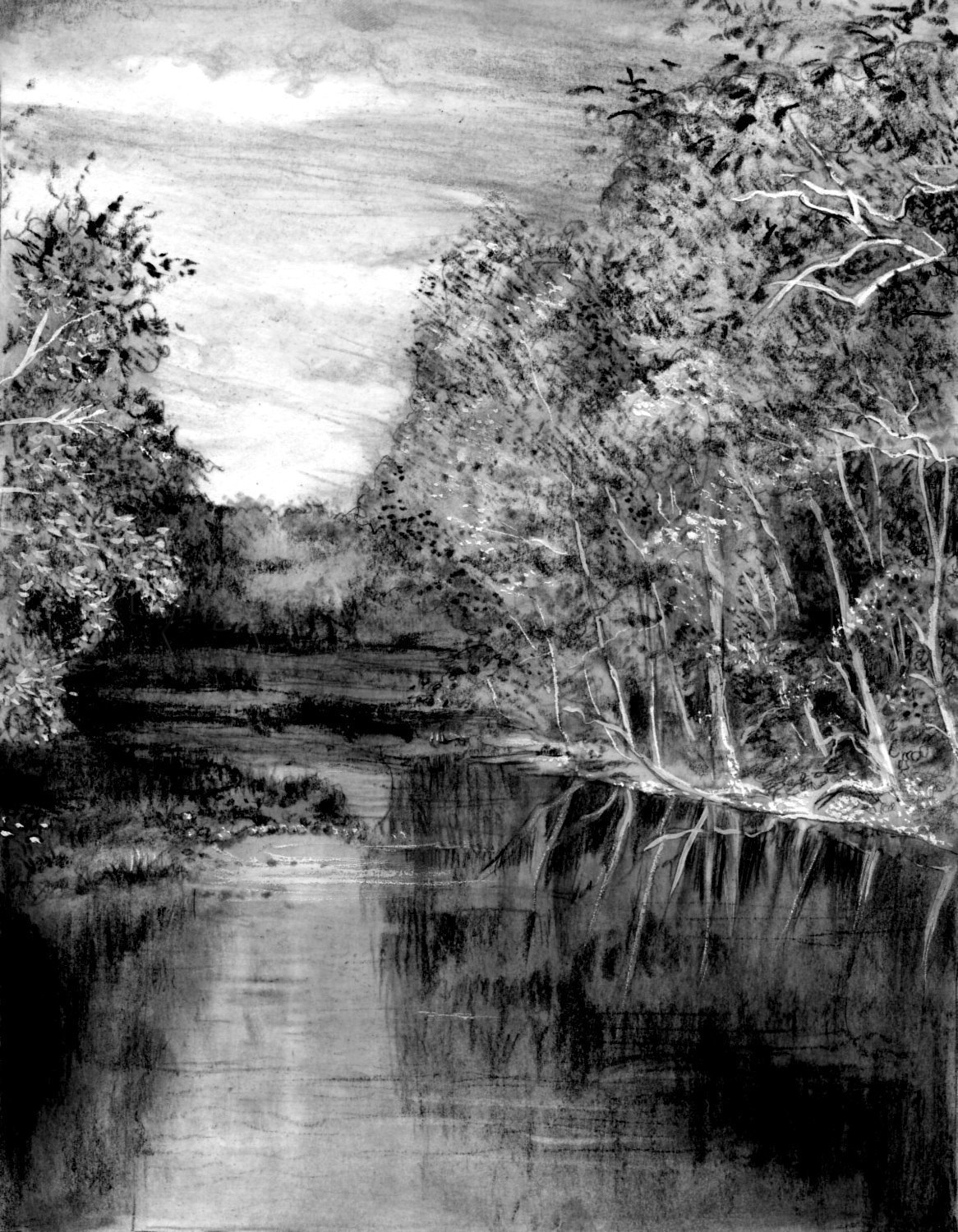 river drawing pencil