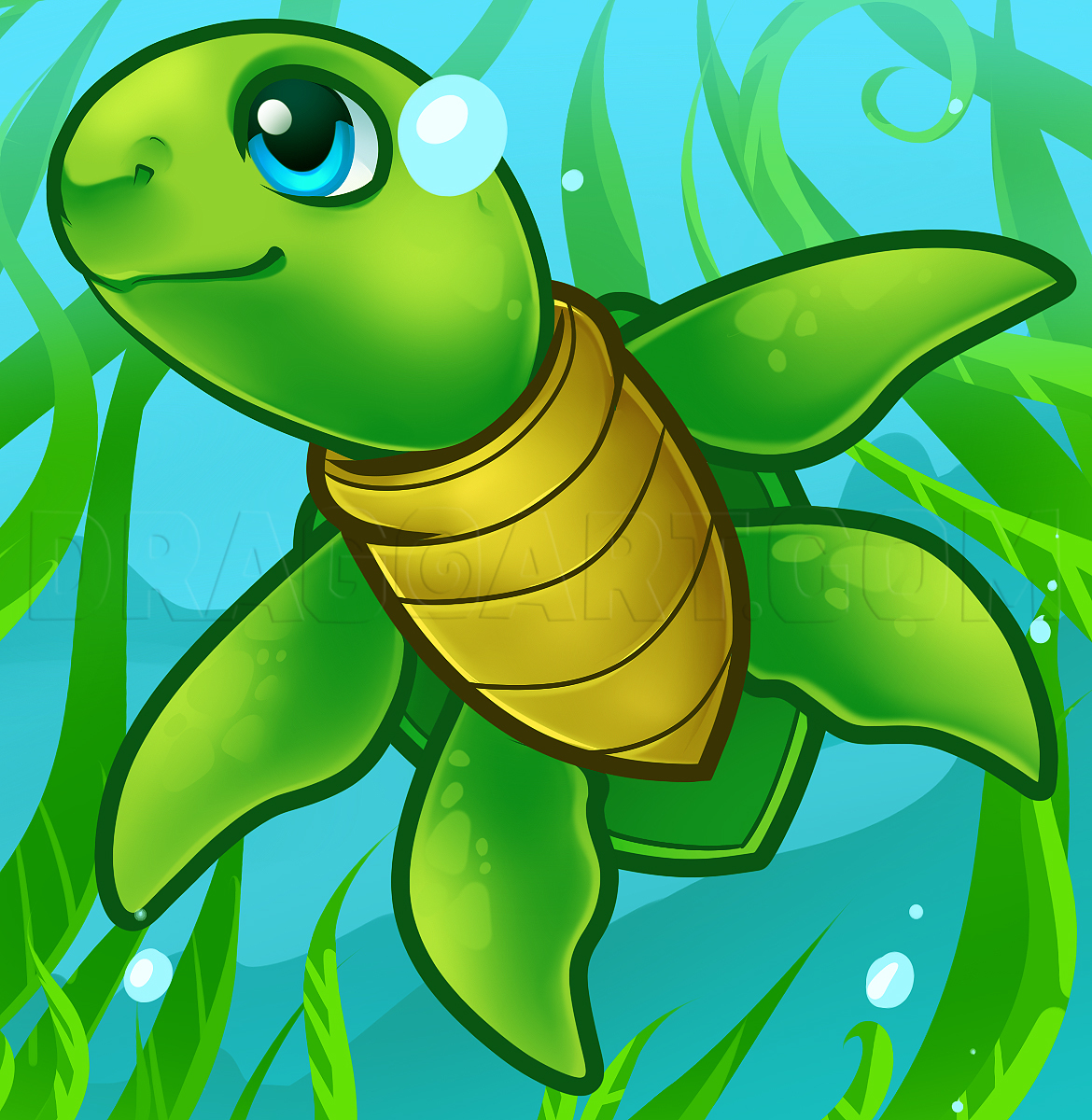 How To Draw A Sea Turtle, Cartoon Sea Turtle, Step by Step, Drawing