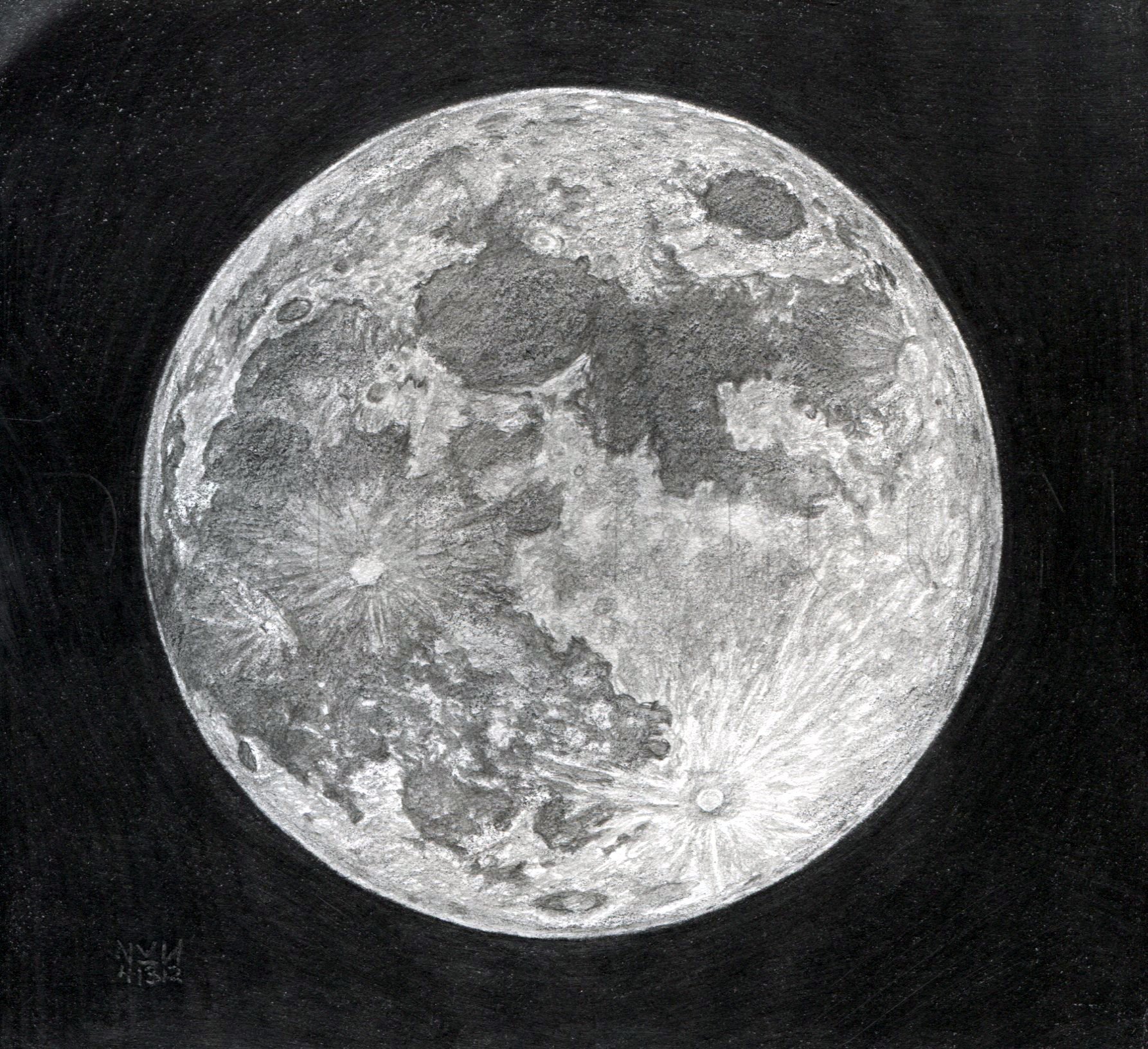 Moon With Black Background Original Graphite Pencil Drawing 5 X 7