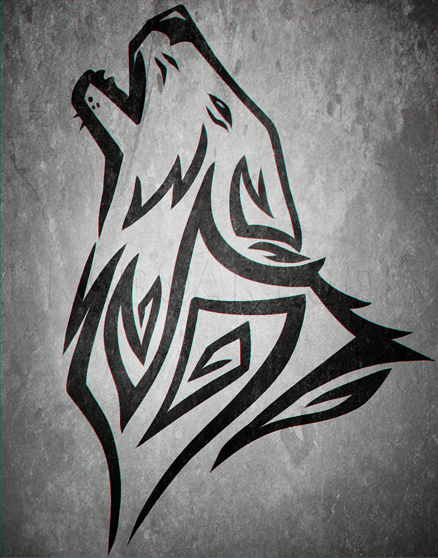 How To Draw A Howling Tribal Wolf, Step by Step, Drawing Guide, by