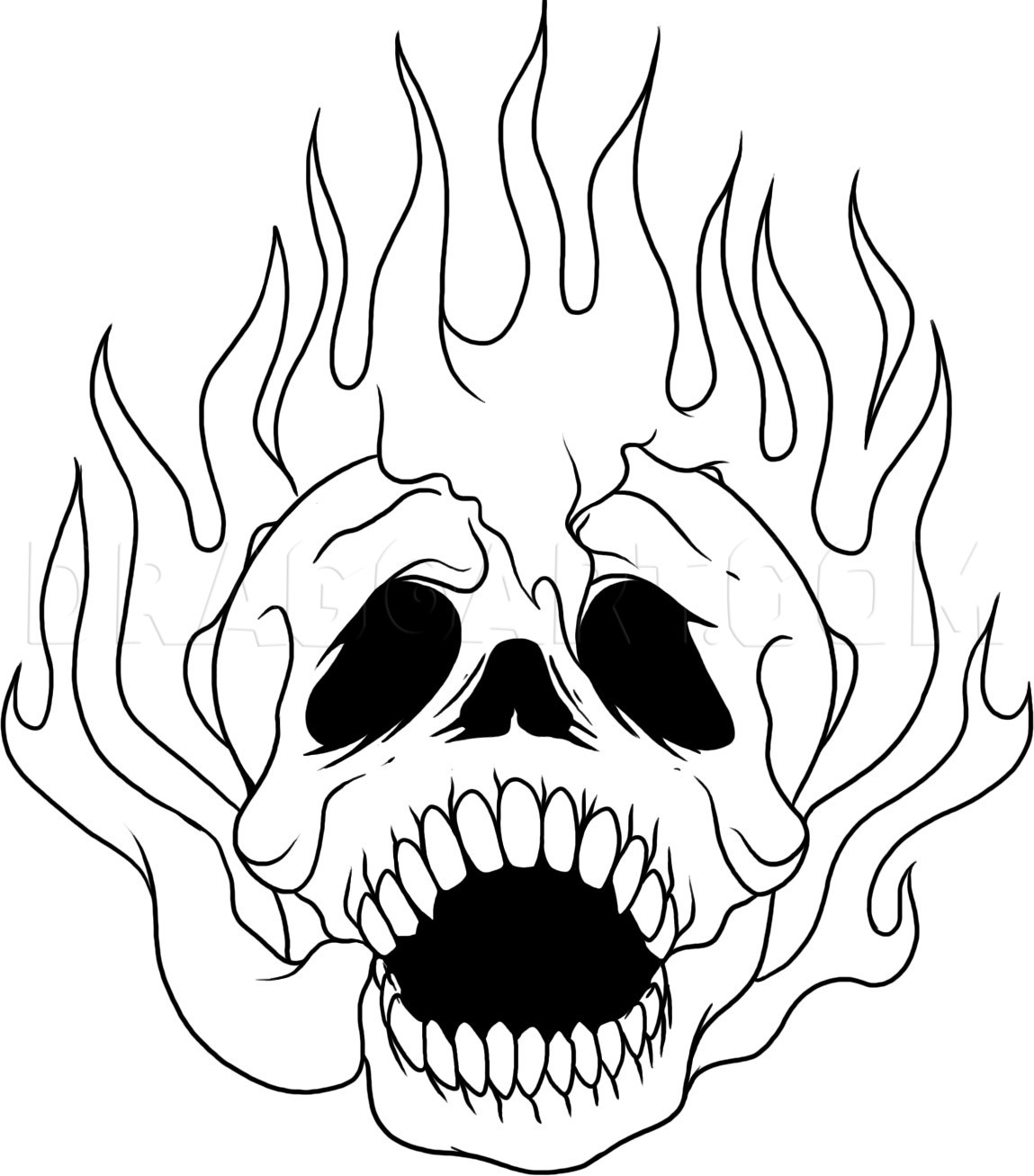 drawings of skulls with flames