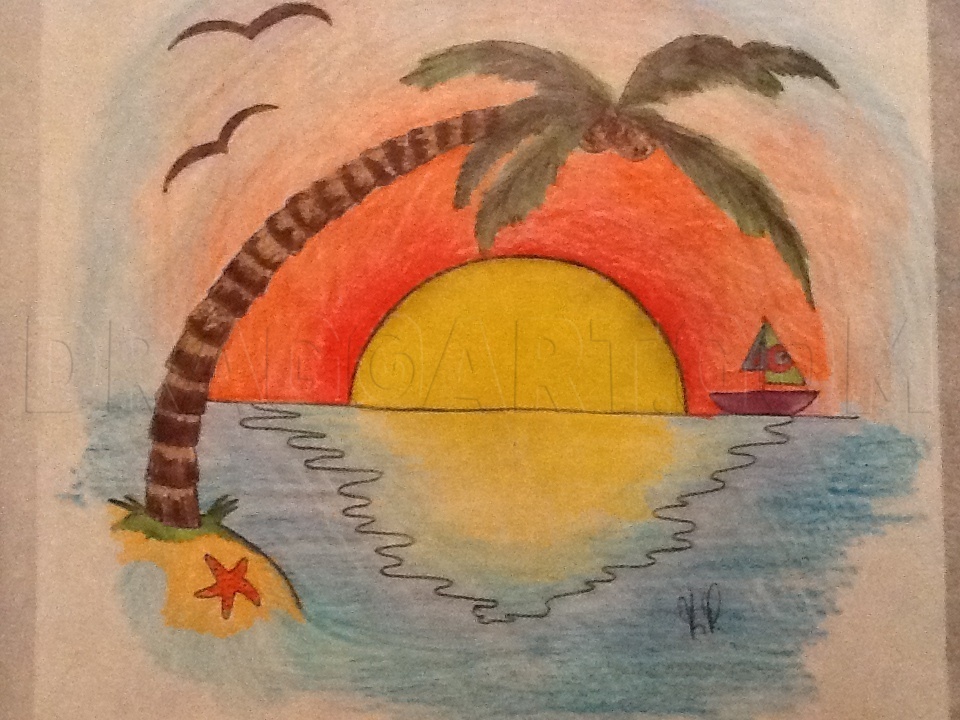 simple sunset landscape drawing