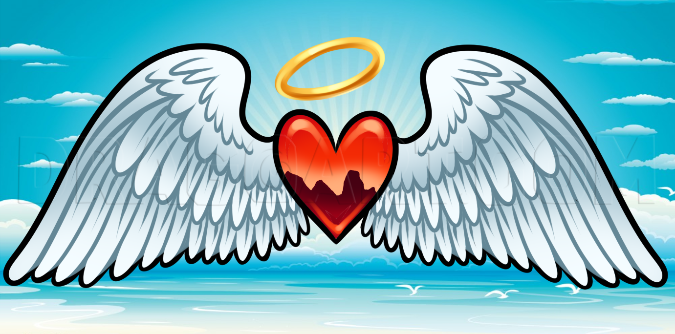 heart with angel wings and halo drawing