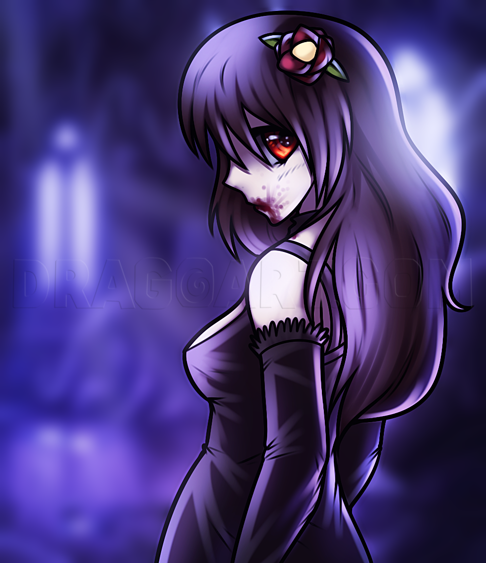 Cartoon illustration of a sad vampire girl with long black hair