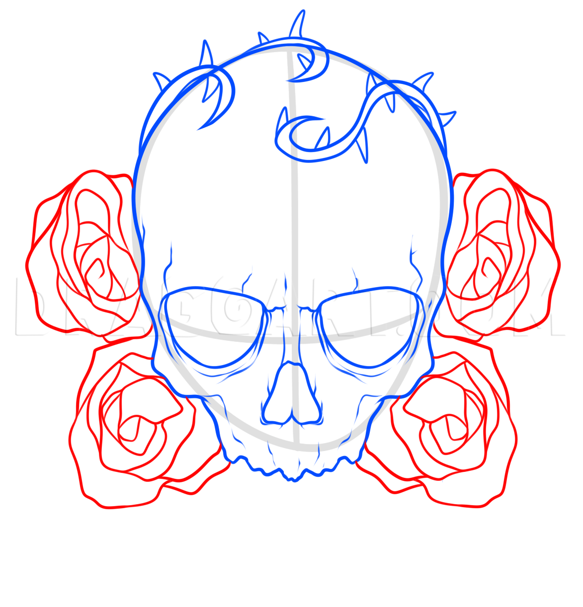 easy sketches of skulls and roses