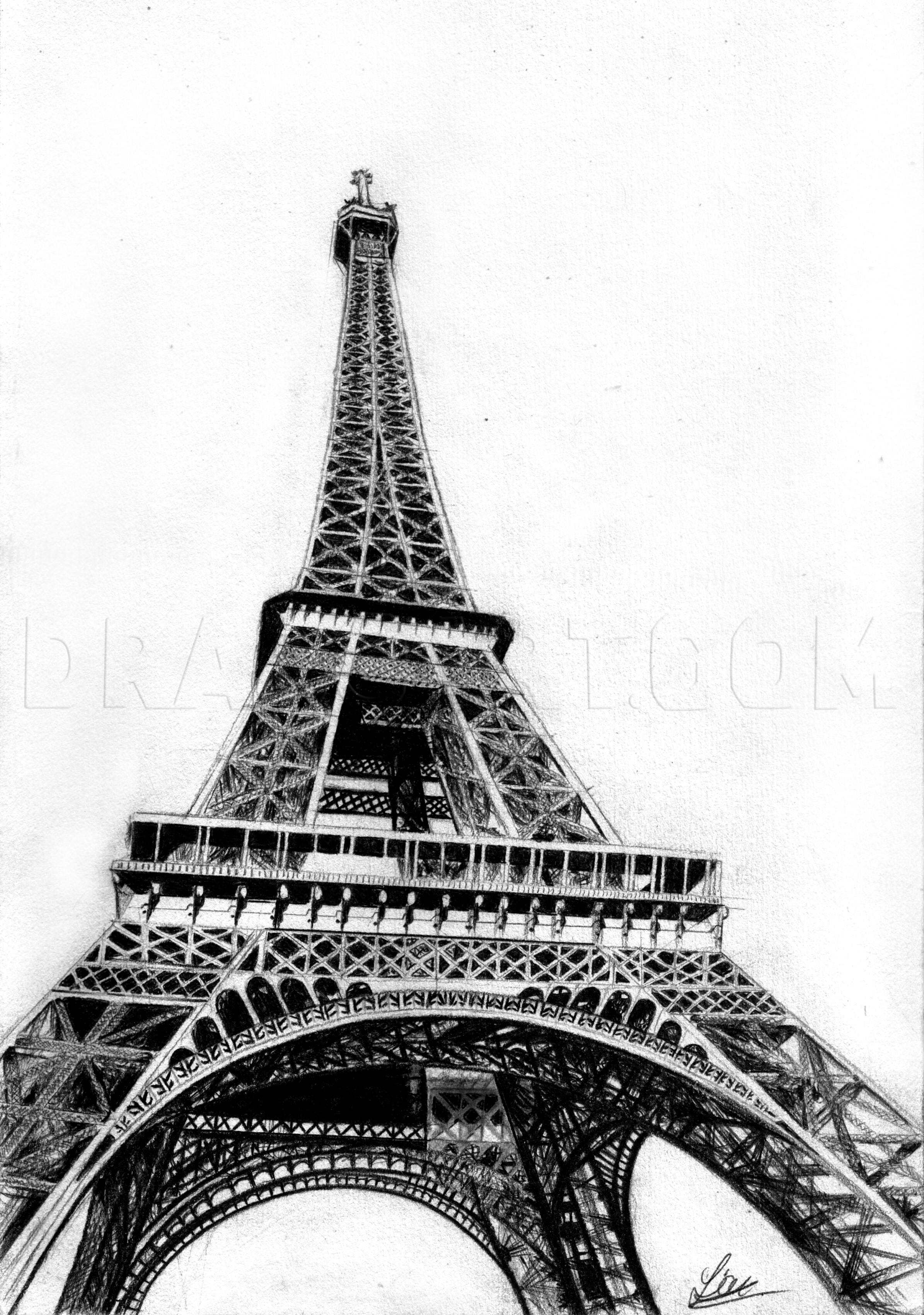 eiffel tower at night black and white drawing