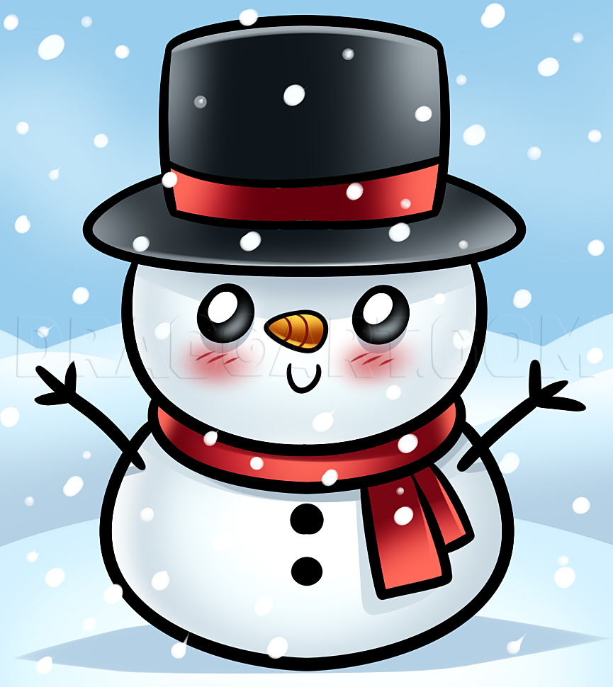 Drawing A Kawaii Frosty The Snowman, Step by Step, Drawing Guide, by