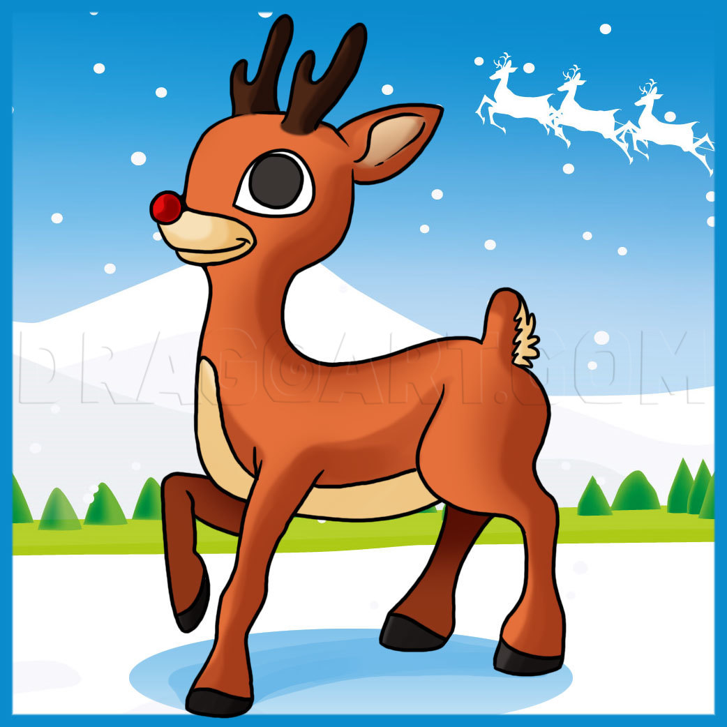 How To Draw Rudolph The Red Nosed Reindeer, Step by Step, Drawing Guide