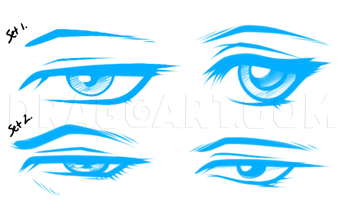 How to draw anime eyes front view – different styles, ages, male